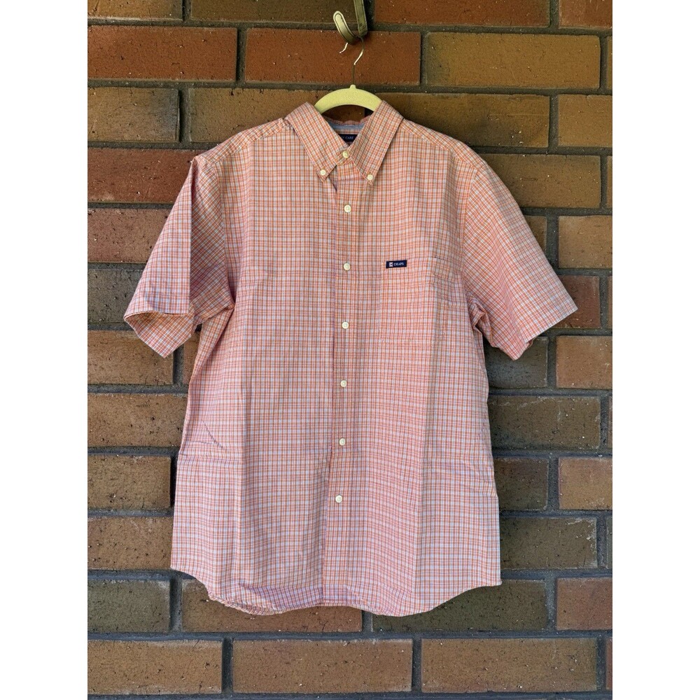 Chaps Easy Care Shirt Short Sleeve Button Down Orange Plaid Mens Medium